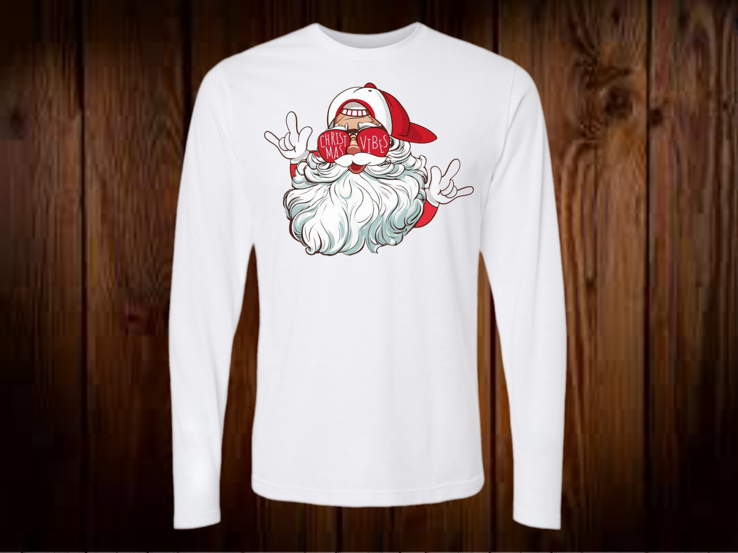 Christmas Vibes Santa with backwards hat and shades - long sleeve